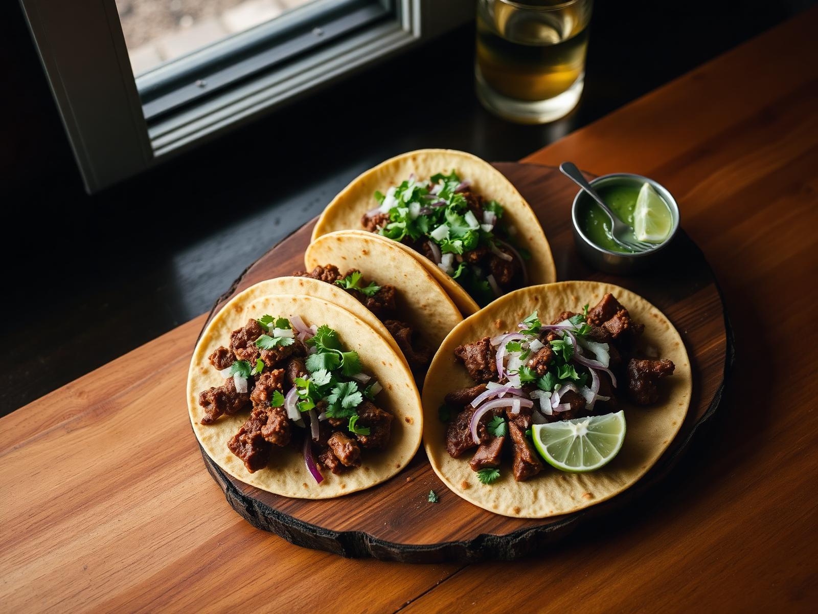Barbacoa and carne asada tacos on a rustic wooden board at Tacos Mexico Arlington